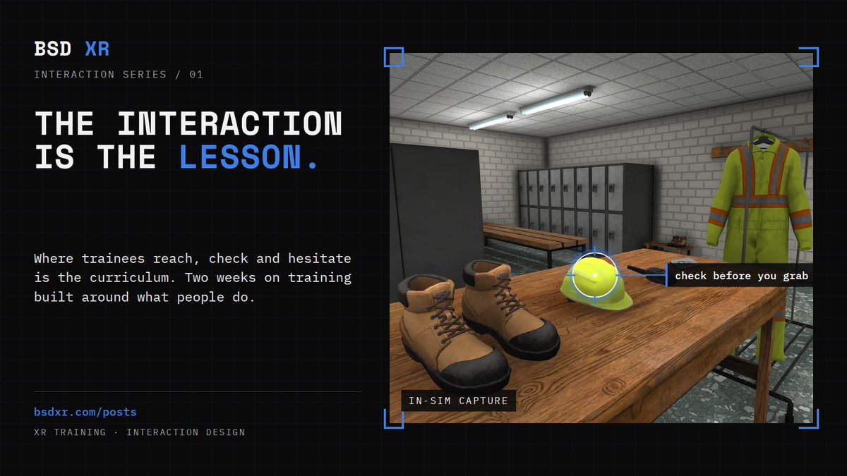 BitSpaceDevelop's tweet photo. In a slideshow, the lesson is the content. In XR, the lesson is the interaction: where you reach, what you check, when you hesitate. Two weeks of ideas on training built around what people actually do.

https://t.co/B3HVCpjdNU

#XRTraining #VR https://t.co/Ar5JfhJqRK