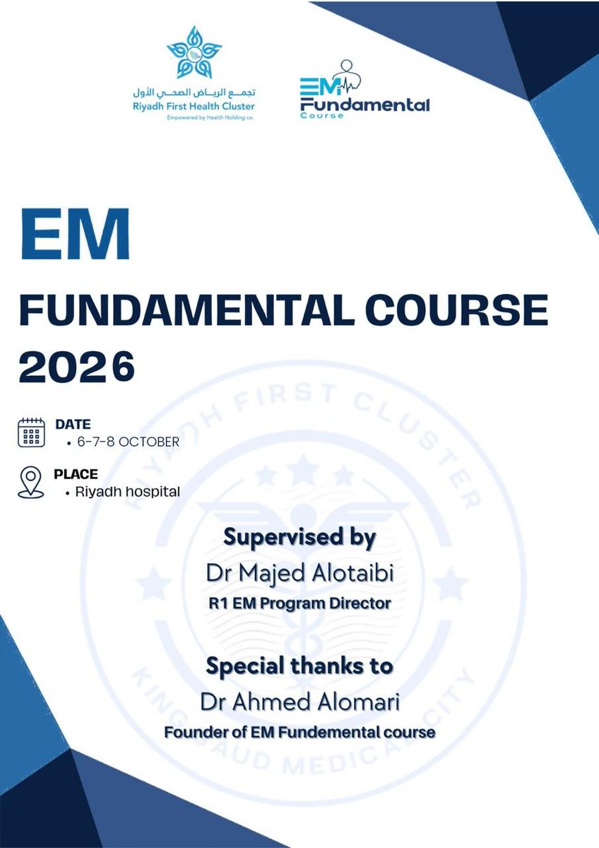EMRTP_1's tweet photo. 🚨 EM Fundamental Course 2026 🚨

We’re excited to kick off 3 days of focused Emergency Medicine learning 🩺📚, combining essential topics with practical skills stations 💉🫁⚡ — from ECG ❤️, VBG 🧪 and imaging 🩻 to airway management 🌬, chest tubes, ultrasound 🖥️ and central lines.

📅 6–8 October 2026
📍 Riyadh Hospital
👨‍⚕️ Supervised by Dr. Majed Alotaibi

Wishing all participants an enriching, productive, and successful course! 💙🙏