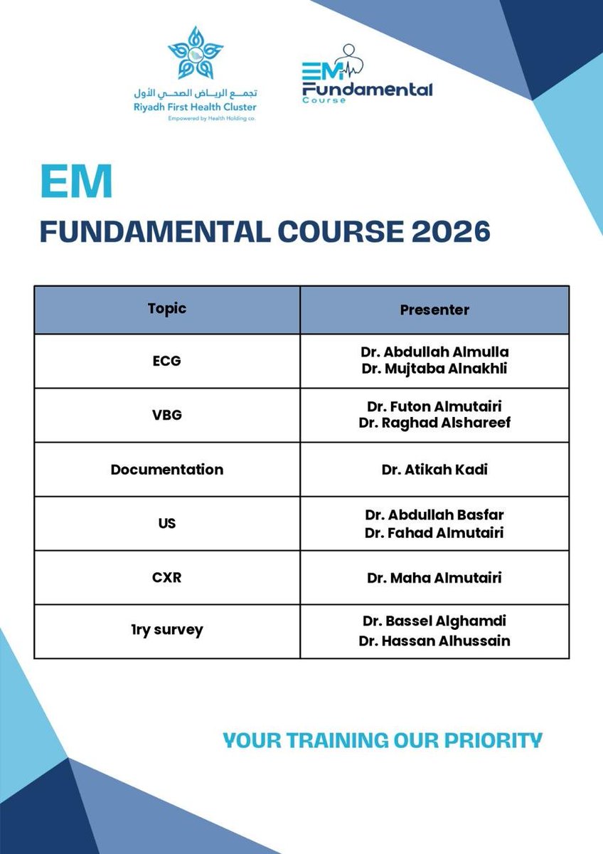 EMRTP_1's tweet photo. 🚨 EM Fundamental Course 2026 🚨

We’re excited to kick off 3 days of focused Emergency Medicine learning 🩺📚, combining essential topics with practical skills stations 💉🫁⚡ — from ECG ❤️, VBG 🧪 and imaging 🩻 to airway management 🌬, chest tubes, ultrasound 🖥️ and central lines.

📅 6–8 October 2026
📍 Riyadh Hospital
👨‍⚕️ Supervised by Dr. Majed Alotaibi

Wishing all participants an enriching, productive, and successful course! 💙🙏