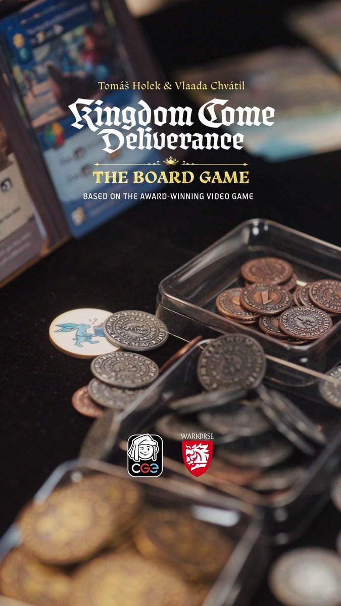 Promotional artwork for "Kingdom Come: Deliverance: The Board Game" by Tomáš Holek & Vlaada Chvátil, published by CGE and Warhorse, featuring medieval coin tokens and a display box in the background—fitting for a board game experience picked up in Prague, the setting of the original video game.