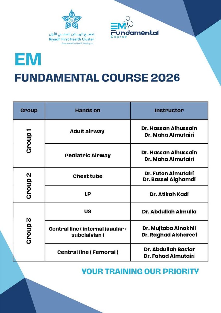 EMRTP_1's tweet photo. 🚨 EM Fundamental Course 2026 🚨

We’re excited to kick off 3 days of focused Emergency Medicine learning 🩺📚, combining essential topics with practical skills stations 💉🫁⚡ — from ECG ❤️, VBG 🧪 and imaging 🩻 to airway management 🌬, chest tubes, ultrasound 🖥️ and central lines.

📅 6–8 October 2026
📍 Riyadh Hospital
👨‍⚕️ Supervised by Dr. Majed Alotaibi

Wishing all participants an enriching, productive, and successful course! 💙🙏