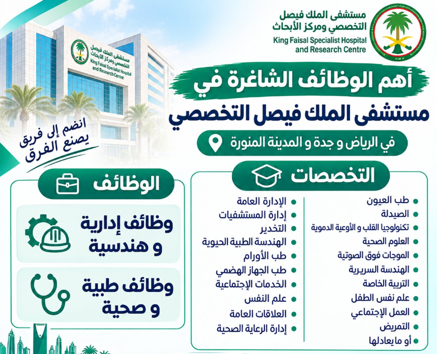 SarahSaud_SA's tweet photo. 🚨عـاجـــل | التقديم ينتهي غــدا:
أعلن مستشفى الملك فيصل التخصصي عن مجموعة وظائف والتي تشمل تخصصات متعددة

وتشمل فرص وظيفية متنوعة للجنسين

للتقديم ارسل سيرتك الذاتية عبر البريد الالكتروني

hr.careers1@outlook.sa

#الخدمة_الاجتماعية #علم_اجتماع #علم_النفس https://t.co/bXMretD4kP