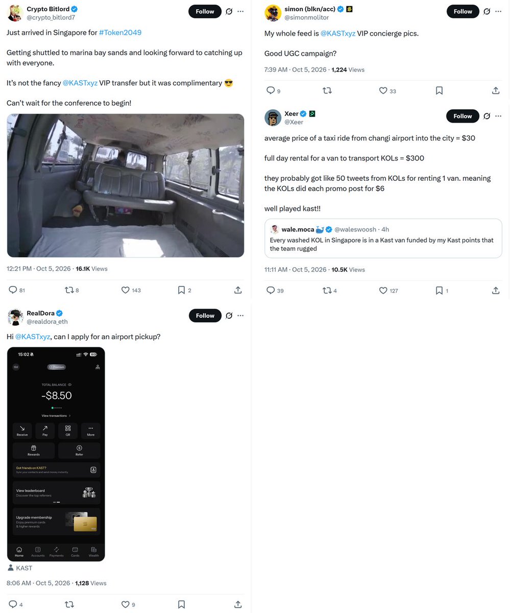 0xVishnya's tweet photo. This is why KAST is the best at marketing

Crypto Twitter is landing in Singapore for TOKEN2049, and the timeline is full of the same photo: a black van with KAST on the door

What they did:
- invited members got a free private ride from Changi airport to the hotel, with a driver holding their name on a sign
- all spots were taken a day before the deadline
- from Oct 7 to 9, 10 @KASTxyz cars give free rides from the TOKEN2049 entrance, no booking needed
- they did the same at Consensus in Hong Kong in February

Then the guests do the marketing: "W stunt", "best VIP treatment as always", "not even 20 minutes after I landed"

Even the ones who missed out post about it: "Got a grab like pleb", with a SGD 45 receipt

Other cards pay for posts. KAST sends a car, and the posts write themselves

Has your Crypto Card ever done something like this for you?