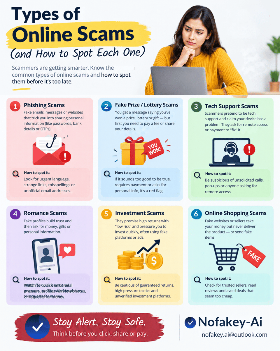 nofakey_ai's tweet photo. Know the scam before it tricks you!
From phishing and fake prizes to investment, romance, tech-support, and shopping scams — learn the warning signs before you click, share, or pay.

Stay alert. Stay safe.

#NofakeyAi #ScamAlert #OnlineSafety #ScamAwareness #CyberSecurity https://t.co/vtzctXvBmR