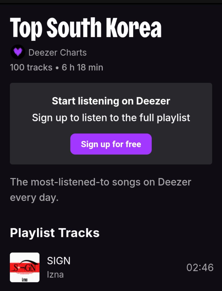 izstats's tweet photo. 'SIGN' reaches a new peak of #1 on Deezer Top Songs South Korea 🇰🇷 https://t.co/MItuZMJBnB