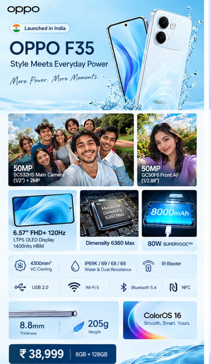 ayansonunigam's tweet photo. 🚨 OPPO F35 Launched in India 😍 

6.57" FHD+ 120Hz LTPS OLED📱
Dimensity 6360 Max
LPDDR4X + UFS 2.2
50MP + 2MP 📸
50MP AF 🤳
8000mAh🔋+ 80W⚡
4300mm² VC Cooling
IP69K/69/68/66
Optical 🫆 sensor
IR Blaster
ColorOS 16
USB 2.0
NFC
8.8mm
205g

💰 ₹38999 ~ 6+128GB

#OPPO #OPPOF35 https://t.co/rHUmajSR0y