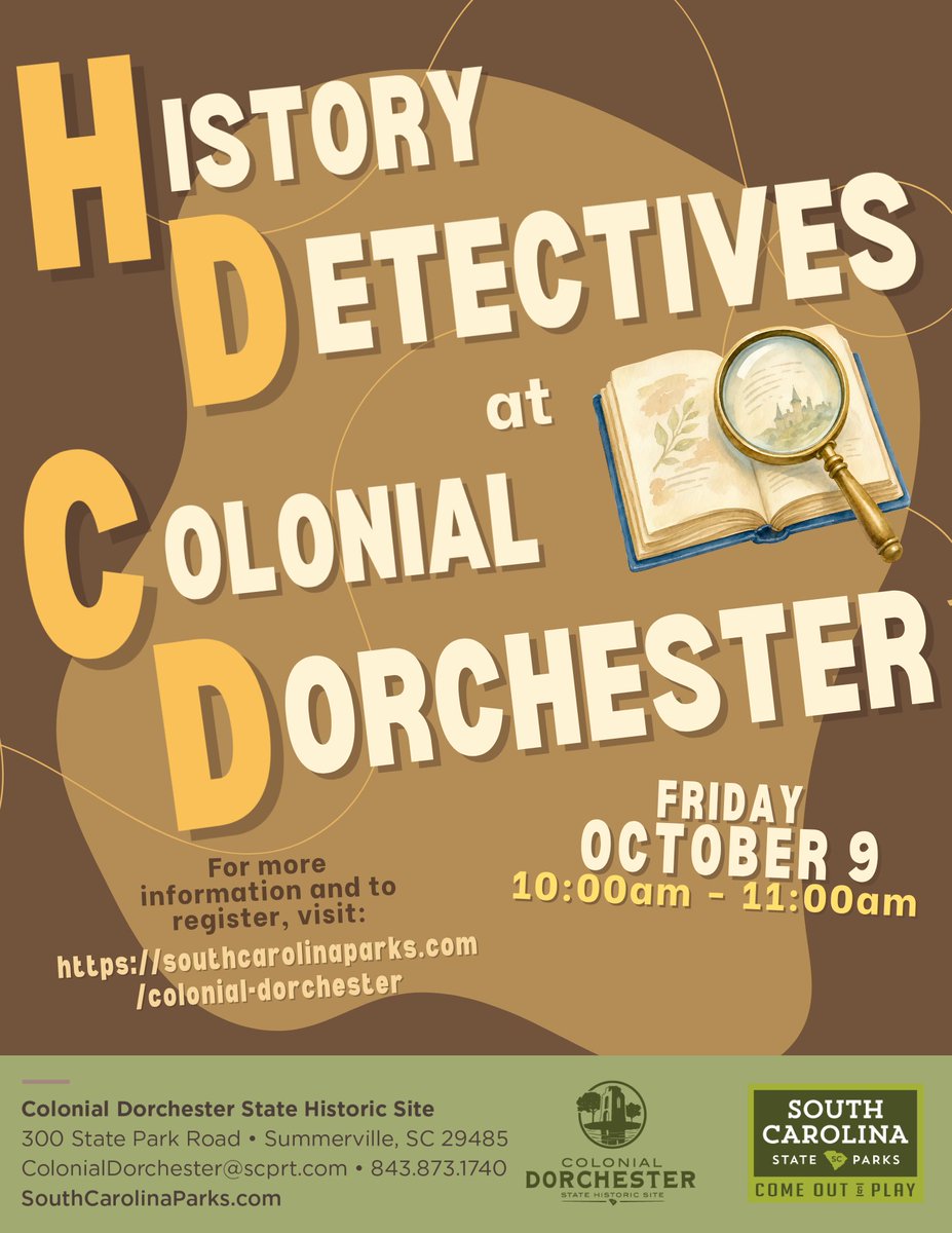 SC_State_Parks's tweet photo. THIS FRIDAY!
📅October 9, 10 a.m. to 11 a.m.
📍Colonial Dorchester State Historic Site
Designed for children ages 6 to 9, this program introduces young learners to the history and nature at Colonial Dorchester. 
Space is limited!  Book here 👉 https://t.co/sUdXtM14GQ https://t.co/goVJbfcSVj