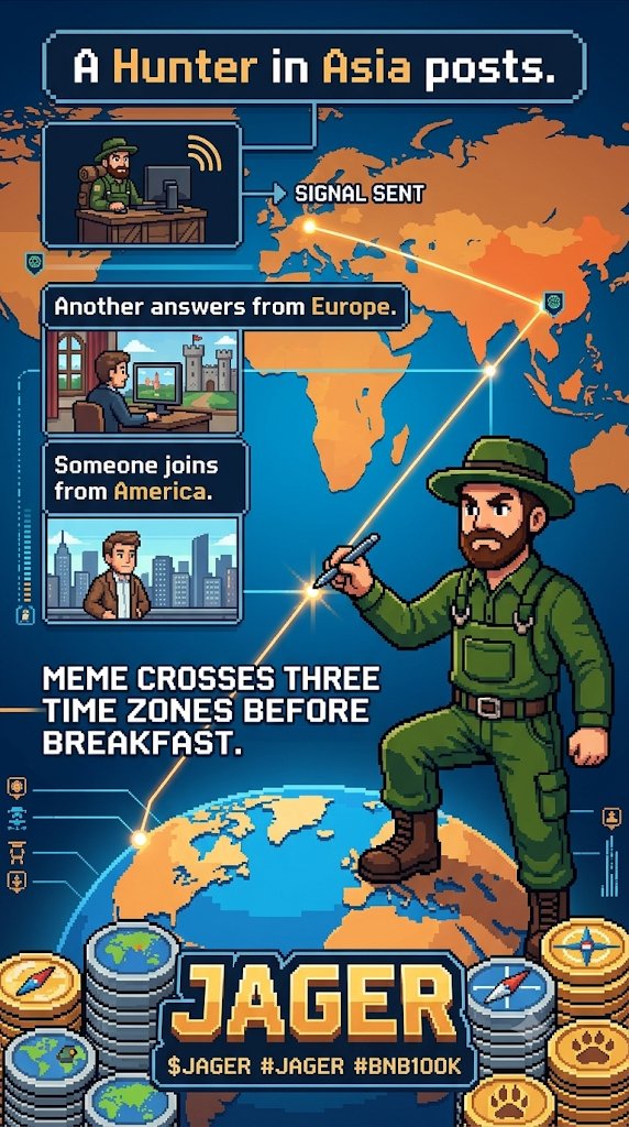 QuangThanho's tweet photo. A Hunter in Asia posts. Another answers from Europe. Someone joins from America. Suddenly, a meme has crossed three time zones before breakfast. That is how JAGER grows: one Hunter, one signal, one new piece of the map at a time.

#JAGER #BNB100K https://t.co/JpWAWYAANo
