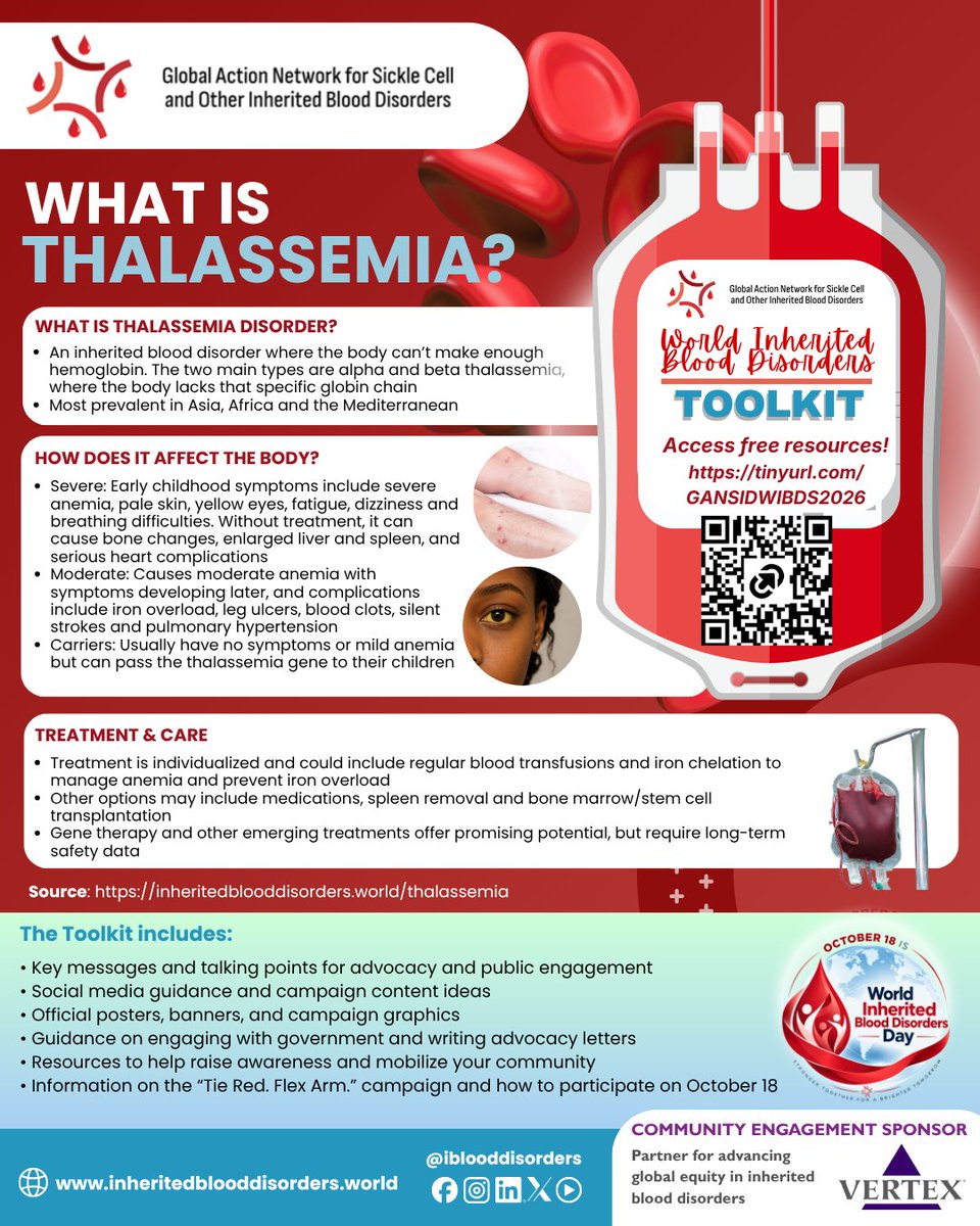 IBloodDisorders's tweet photo. Today, we are recognizing #Thalassemia in honour of #WIBDMonth!

Save the date for our special WIBD Webinar on October 17! Register here: https://t.co/MLtnOO4KKj

Explore our FREE World Inherited Blood Disorders Toolkit  to support awareness and advocacy:
https://t.co/oQWs4AYTz3 https://t.co/man0pOY4Ey
