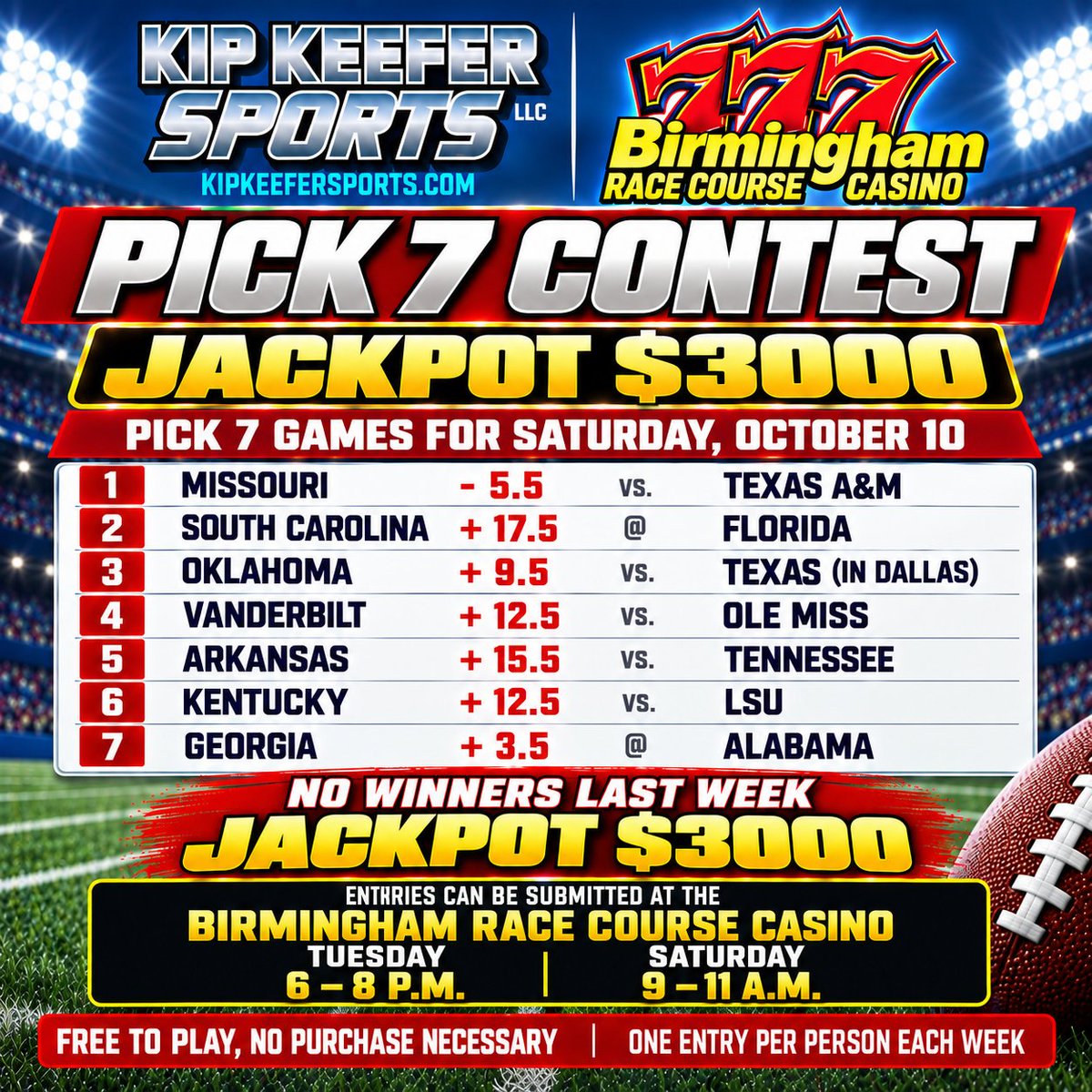 kipkeefersports's tweet photo. Come to the Birmingham Racecourse Casino and join our #Pick7Parlay contest from #KipKeeferSports and the #BRCC! #SECFootball #SECFB #CollegeFootball #CFB #SEC https://t.co/gos9tDw1GU