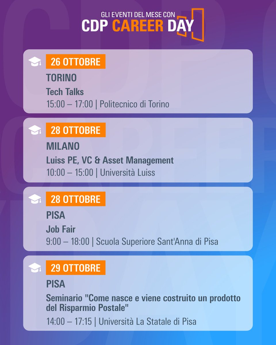 GruppoCDP's tweet photo. 🎓 A ottobre il #GruppoCDP torna nelle università con gli appuntamenti di #CDPCareerDay.

Occasioni per studenti e studentesse per incontrare i professionisti del Gruppo, conoscere più da vicino il mondo CDP e approfondire competenze, opportunità e percorsi professionali.

Questi gli appuntamenti in programma:

📍 7 ottobre | Cagliari
Il Gruppo CDP si racconta: persone, progetti, impatto
10.00 – 11.30 |@univca  – Online
🎓 Un incontro per conoscere da vicino le persone, i progetti e l'impatto del Gruppo CDP

📍 15 ottobre | Napoli
Come nasce e viene costruito un prodotto del Risparmio Postale
9.30 – 13.30 | @Uniparthenope  
🎓 Un seminario per scoprire come nasce e si sviluppa un prodotto del Risparmio Postale e prepararsi al mondo del lavoro

📍 20 ottobre | Barcellona
IESE MBA Career Forum
10.00 – 18.00 | @iesebschool  
🎓 Un'occasione per incontrare i professionisti del Gruppo CDP e conoscere le opportunità di carriera

📍 26 ottobre | Torino
Tech Talk
15:00 – 17:00 | @PoliTOnews  
🎓 Un appuntamento per scoprire i progetti del Gruppo CDP in ambito ingegneristico e future opportunità professionali

📍 28 ottobre | Milano
LUISS PE, VC & Asset Management
10.00 – 15.00 | @UniLUISS 
🎓 Un incontro dedicato ai percorsi professionali nel mondo del Private Equity, Venture Capital e Asset Management

📍 28 ottobre | Pisa
Job Fair
9.00 – 18.00 | @ScuolaSantAnna
🎓 Un'opportunità per incontrare il Gruppo CDP e conoscere le opportunità professionali

📍 29 ottobre | Pisa
Come nasce e viene costruito un prodotto del Risparmio Postale
14.00 – 17.15 | @Unipisa  
🎓 Un seminario per approfondire il processo di ideazione e costruzione di un prodotto del Risparmio Postale e prepararsi al mondo del lavoro

👉 Per saperne di più visita la pagina "Lavora con noi" sul sito CDP