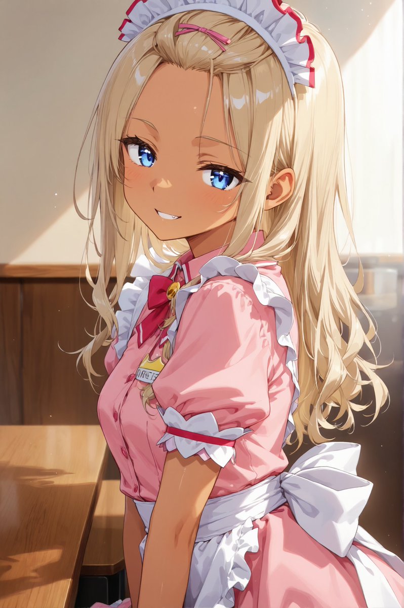 Camel_alglf's tweet photo. #AI火曜日褐色DAY 
AI Tuesday Tan & Dark-Skinned Characters ☀️ 

遅くなりましたが💦
火曜日は健康的な肌や黒い肌を愛でたい！
今週も褐色肌や日焼け肌お待ちしております🌟

①褐色肌でも、亜人でも、日焼けでも、黒肌でも
男性キャラ、女性キャラ問いません😸  

②複数タグもオーケー、別イベントと同時もオーケー���すが、相手企画のルールに従ってください 
 
③複数回投稿も大丈夫ですが、連投はオススメしておりません 
 
④特段細かい事は気にせず、楽しんでまいりましょう

⑤この投稿から水曜明け方頃まで、時間はアバウトに

⑥オリジナルでも二次創作でもご自由に

アルバイト姿のおでこちゃん
最近はこういう制服のファミレスも見なくなった気もしますね('ω')