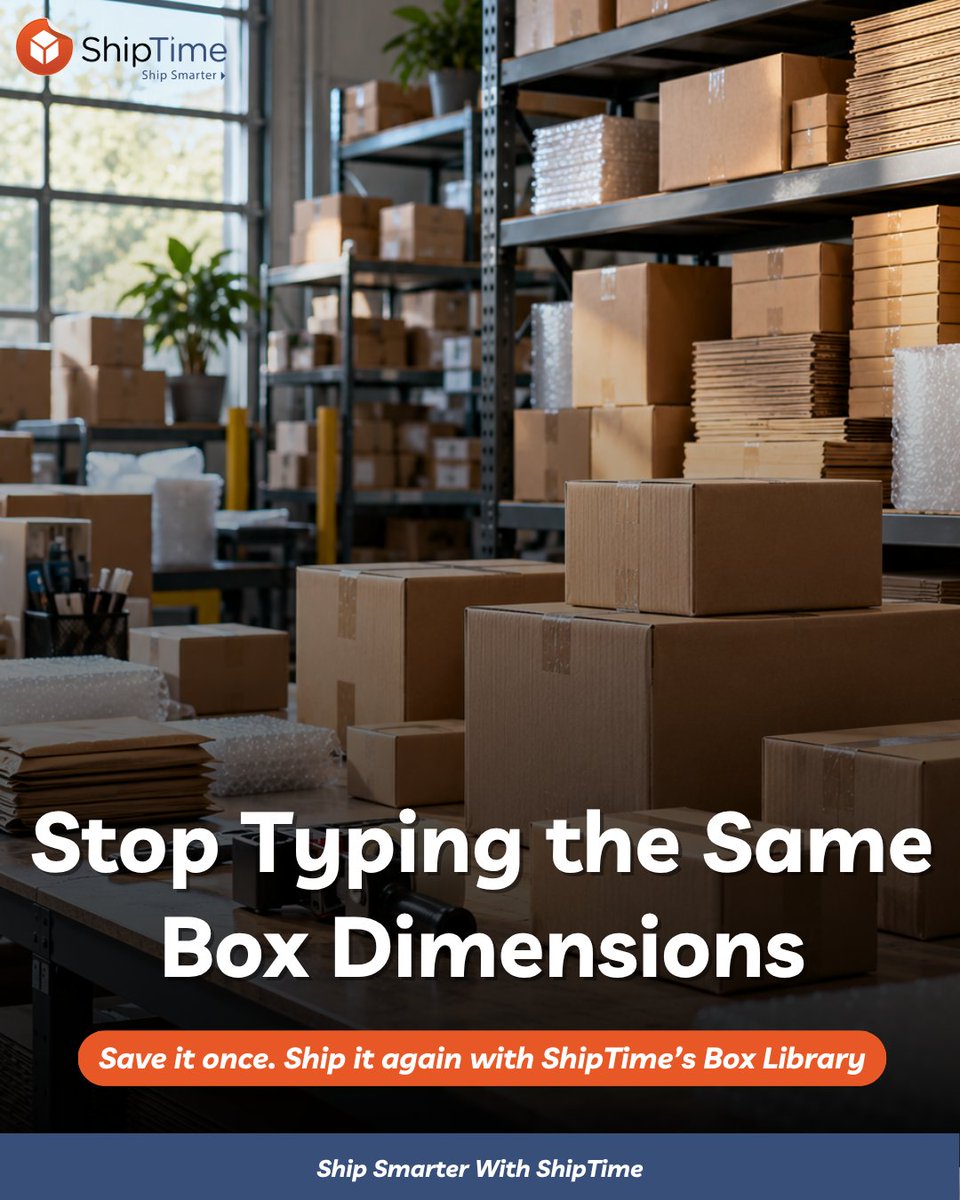 ShipTime's tweet photo. If you’ve typed 12 × 10 × 8 fifty times, we need to talk 📦

Save your most-used packages in ShipTime’s Box Library so the dimensions are ready when you are.

Small step. A lot less repetition.

Save it once. Ship it again.

#ecommerce #ecommercebusiness https://t.co/c7eRjG5TaI
