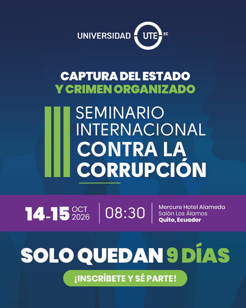 UTEoficial's tweet photo. Estamos cada vez más cerca del III Seminario Internacional contra la Corrupción.

Este 14 y 15 de octubre, Quito será el punto de encuentro de especialistas, académicos, profesionales y estudiantes para analizar los desafíos que la corrupción, la captura del Estado y el crimen organizado representan para nuestras sociedades e instituciones.

📅 14 y 15 de octubre

🕣 08:30

📍 Mercure Hotel Alameda Quito – Salón Los Álamos

El cambio comienza contigo. Inscríbete y sé parte de la comunidad que elige a la integridad como camino.

¡Últimos cupos disponibles!

Información e inscripción en el siguiente link: https://t.co/JaPtUgYu0T

#SomosUTE #Anticorrupción #EducaciónSuperior #Investigación #LoVivoLoDemuestro