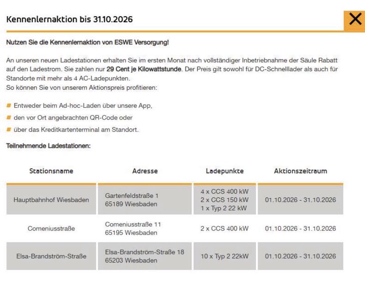 TeslaModel3SR's tweet photo. Warum zahlt man an Ladestationen nicht selten bis zu 69 Cent pro kWh wenn es auch viel preiswerter ginge? Siehe hier bei der ESWE für sage und schreibe 29 Cent pro kWh an AC UND DC! Okay es ist eine Aktion aber drauflegen werden die sicher nicht. https://t.co/7pF7Bcj02B
