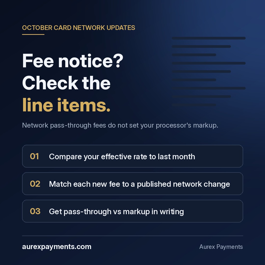 Aurexpayments's tweet photo. Processor notice says fees are changing "due to card brand updates"? Before you accept it: compare your effective rate to last month, match each new line item to a published Visa/Mastercard change, and get pass-through vs. markup in writing. https://t.co/6GtuKoTOsn https://t.co/hZeOtTKoNs