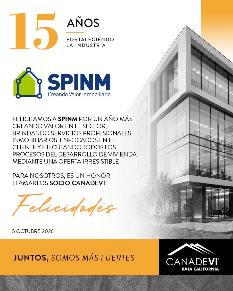 CanadeviBCN's tweet photo. 🎉Muchas felicidades a SPINM Servicios Servicios Profesionales Inmobiliarios por su 15 Aniversario siendo enfocada al clienta y  cuenta con gran capacidad para ejecutar todos los procesos del desarrollo de vivienda 🏠 https://t.co/T5oEyzw7lU