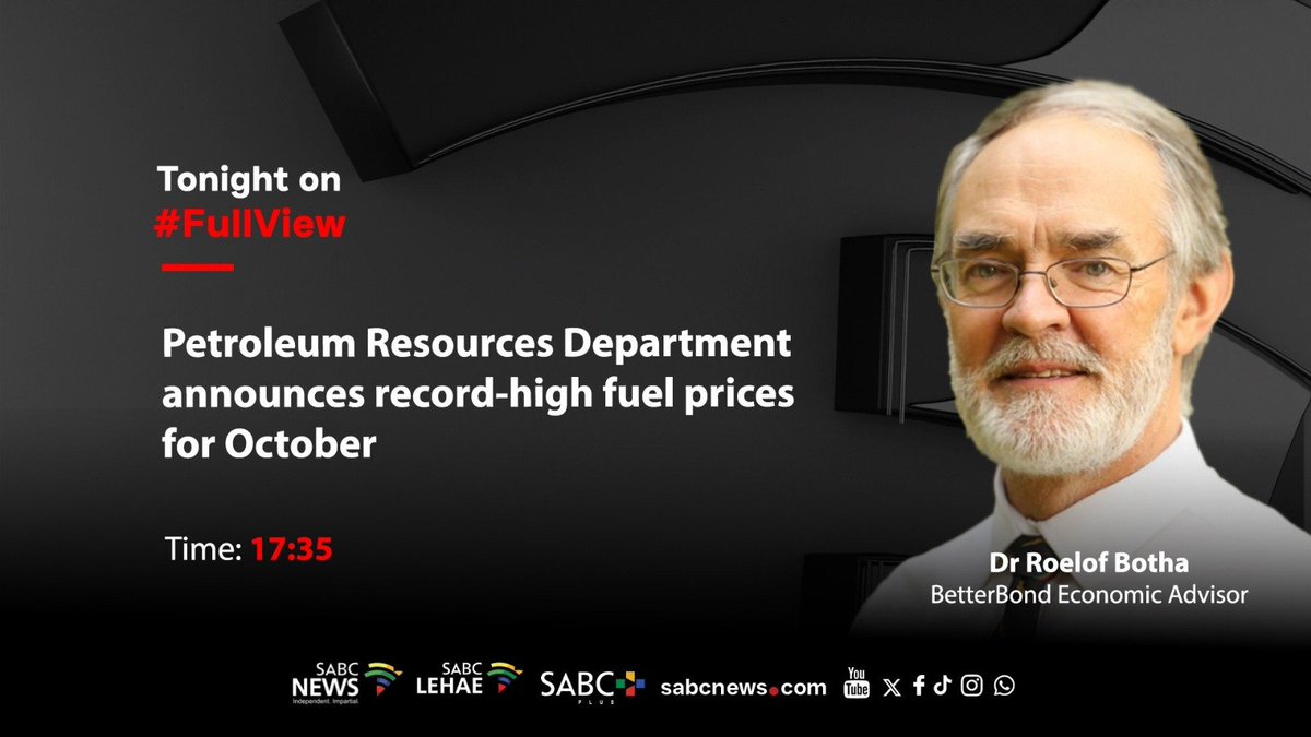 SABCNews_TV's tweet photo. [COMING UP] On #FullView Dr Roelof Botha, Petroleum Resources Department announces record-high fuel prices for October. #SABCNews https://t.co/rHgaz7bvhG