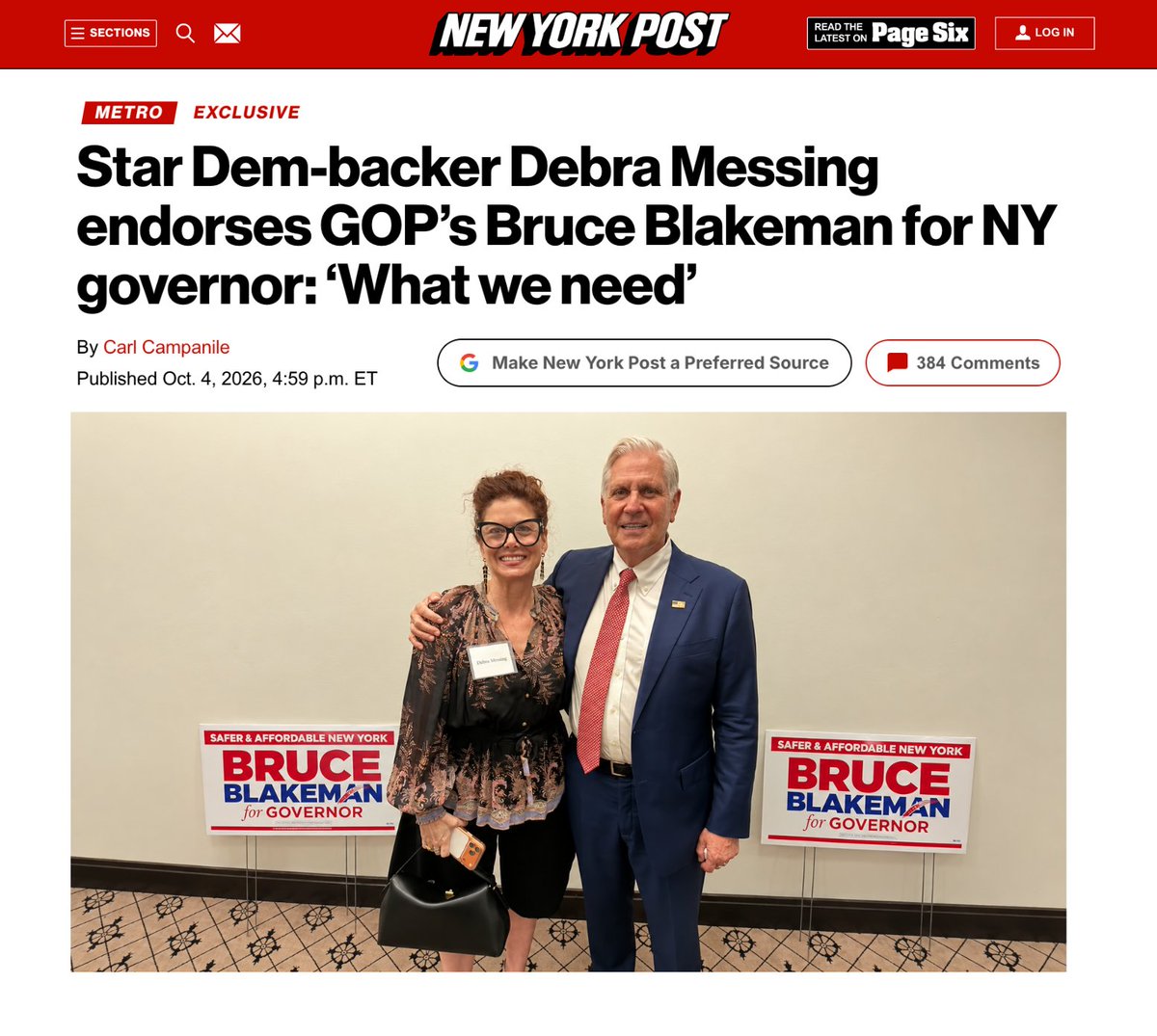 NassauExec's tweet photo. Longtime Democratic supporter and actress Debra Messing endorsed me over Kathy Hochul.

Party loyalty doesn’t pay the utility bill or fight crime.

Thank you, Debra. I’ll cut taxes, lower utility bills, and make New York safe and affordable.

Had enough of Hochul? Join us. https://t.co/L9WdhogABX