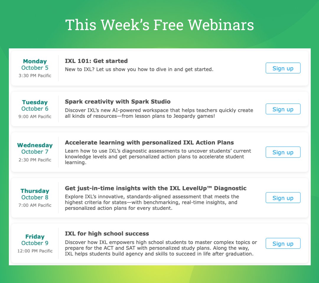 IXLLearning's tweet photo. Join our complimentary webinars this week to learn about IXL Spark Studio, Action Plans, the LevelUp Diagnostic, and more! 

Sign up here: https://t.co/7726ryj1AU https://t.co/1h8RjgmdqU