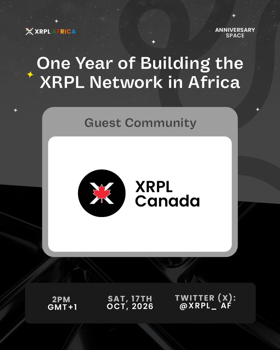 XRPL_AF's tweet photo. We’re excited to have @XRPLCanada join us as we celebrate one year of building, connecting and growing the XRPL ecosystem across Africa and beyond.

XRPL Canada is a community connecting XRPL and XRP enthusiasts across Canada, creating opportunities for people to learn, connect, collaborate and stay engaged with developments across the ecosystem.

One of the things we’ve loved about this journey is seeing how different communities are building in their own regions while still being part of the same global ecosystem.

So, Canada, we’re glad to have you with us.🤝

📅 October 17
⏲️ 2:00pm

Set reminder: https://t.co/3HHewn3ojH