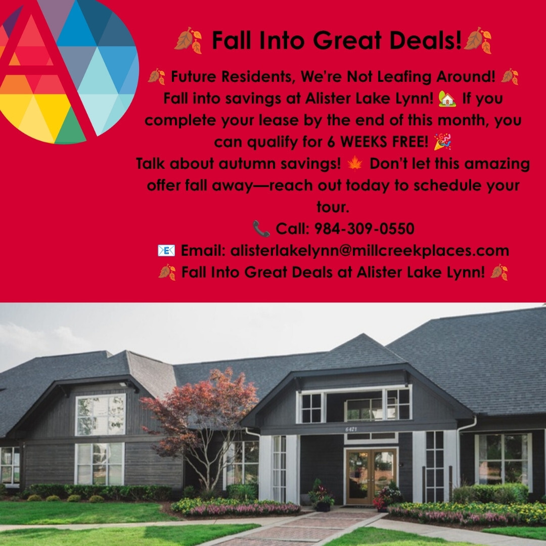 AlisterLynn's tweet photo. 🍂 Future Residents, We’re Not Leafing Around! 🍂

Fall into savings at Alister Lake Lynn! 🏡 If you complete your lease by the end of this month, you can qualify for 6 WEEKS FREE! 🎉

Talk about autumn savings! 🍁 Don’t let this amazing offer fall away—reach out today to... https://t.co/uKmnSFoOss