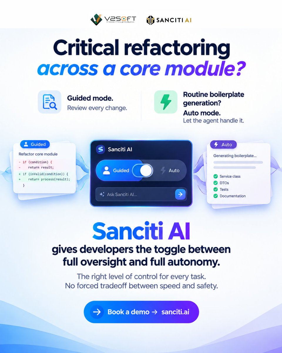 v2soft's tweet photo. #SancitiAI processes architecture diagrams, compliance documents, data dictionaries, PDFs, images, spreadsheets, and code all in a single conversation. 
https://t.co/Rj2pbZtJSw

#AgenticAI #DeveloperProductivity #SDLCAutomation #DevTools #VSCode #IntelliJ #SoftwareEngineering https://t.co/vCjlPzCJMp