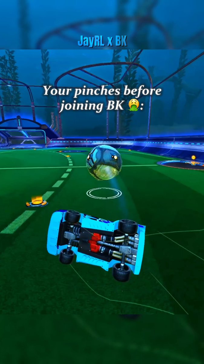 A screenshot from Rocket League showing a blue car flipped upside down on the field with text overlays reading "JayRL x BK" and "Your pinches before joining BK 🤮"