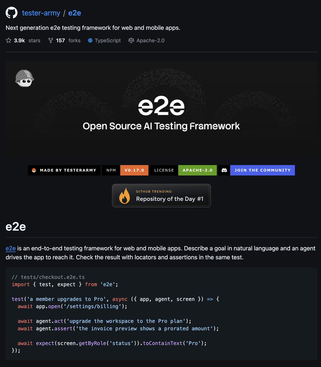 midudev's tweet photo. ¡La nueva generación de tests para web y apps móviles!
El framework se llama "e2e" y es de código abierto

✓ Mezcla IA con pruebas deterministas
✓ Compatible con OpenAI, Claude y cualquier AI
✓ La misma API para web, iOS y Android

→ https://t.co/n09ldmz3PD https://t.co/do1w6wlgzR