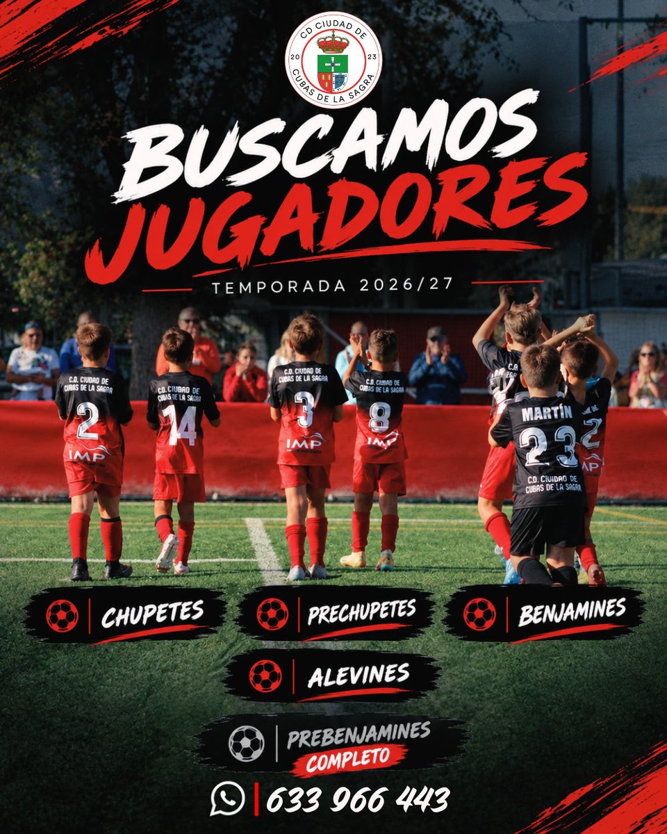 cdciudaddecubas's tweet photo. ⏰ ¡AÚN ESTÁS A TIEMPO! 🔴⚫

🟢 PLAZAS DISPONIBLES
• Chupetes
• Prechupetes
• Benjamines
• Alevines

🔴 PREBENJAMINES: COMPLETO

📲 Más información: 633 966 443

¡Ven a formar parte de nuestra familia! ❤️🖤 https://t.co/ZsJP9YdODM