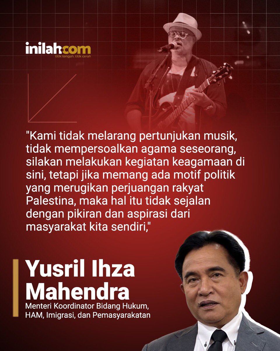 inilahdotcom's tweet photo. Pemerintah melarang konser penyanyi gospel Amerika Serikat Israel Houghton bersama Israel & New Breed di Jakarta pada 24 Oktober 2026.

Menteri Koordinator Bidang Hukum, HAM, Imigrasi, dan Pemasyarakatan Yusril Ihza Mahendra mengatakan keputusan tersebut diambil setelah pemerintah mempertimbangkan aspek keamanan serta kontroversi konser serupa di sejumlah negara.

Menurut Yusril, konser tersebut menjadi perhatian sebagian masyarakat Indonesia dan sebelumnya menimbulkan kontroversi di negara tetangga, Malaysia.

Pemerintah juga menemukan bahwa pertunjukan musik gospel serupa di sejumlah negara dimanfaatkan untuk kampanye politik mendukung Zionis Israel. Salah satunya melalui pernyataan I stand with Israel yang disampaikan di sela kegiatan.

Yusril menilai narasi tersebut sensitif karena berpotensi bertentangan dengan politik luar negeri Indonesia dan sikap pemerintah yang mendukung perjuangan rakyat Palestina untuk mencapai kemerdekaan.

-

Selengkapnya kunjungi website dengan klik link di bio atau download aplikasi di AppStore dan Google Play Store.

#inilahNews #FreePalestine #Inilahcom #TitikTengah #titikcerah