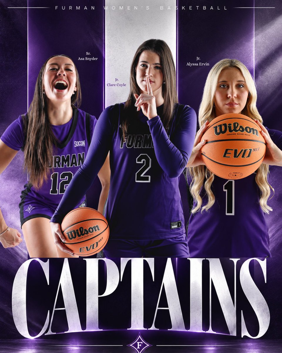 FurmanWBB's tweet photo. Meet your 2026-2027 captains. 💜⚔️

#JustUs https://t.co/4YNwAD1EBB