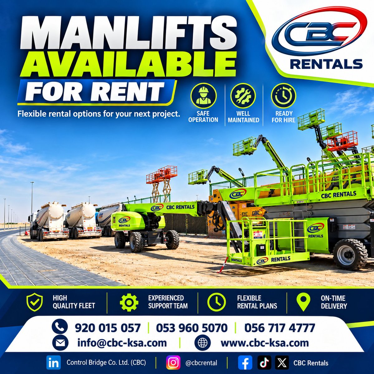 cbcrentals1's tweet photo. Reach Higher. Work Smarter. Rent with Confidence! 🚀
CBC Rentals provides reliable and well-maintained manlifts and access equipment ready to support your projects across Saudi Arabia.

📞 053 960 5070 | 056 717 4777
📧 info@cbc-ksa.com
🌐 https://t.co/6Z5riDrg2R  https://t.co/DeB5sDHITh