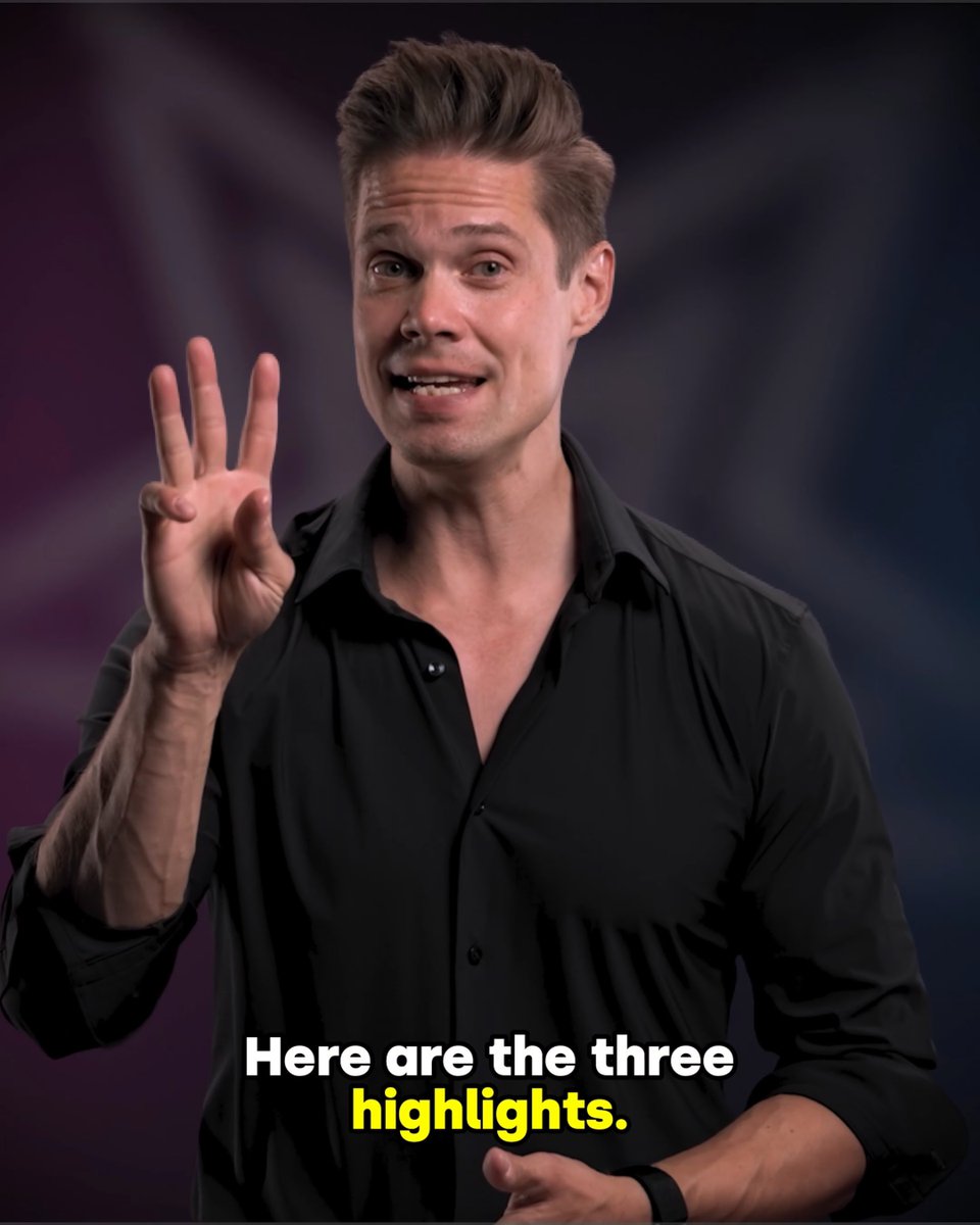 A man in a black button-down shirt stands against a dark, mottled background, holding up three fingers while text at the bottom reads: "Here are the three highlights."