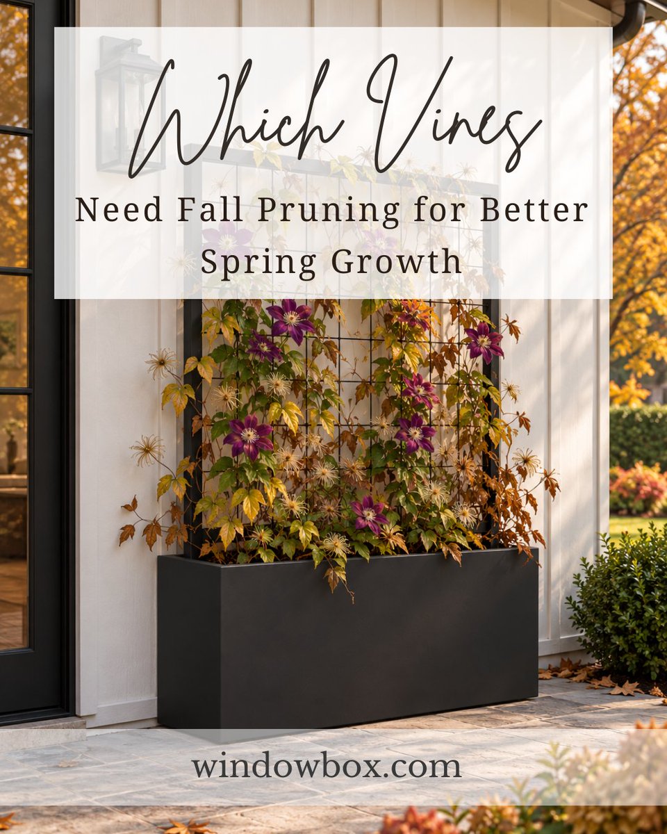 WindowBoxCo's tweet photo. Do you know which vines need fall pruning for spring growth?

Late-flowering clematis: Cut stems back, leaving a strong pair of buds for fresh growth and more blooms.
Wisteria: Trim long side shoots to encourage spring flowers.
Honeysuckle: Remove older canes to improve airflow. https://t.co/qPWhaElFBu