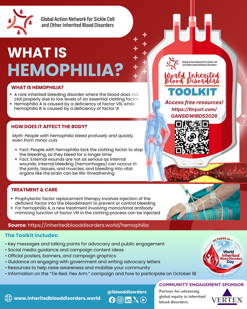 IBloodDisorders's tweet photo. Today, we are recognizing #Hemophilia in honour of #WIBDMonth!

Save the date for our special WIBD Webinar on October 17 - Register here: https://t.co/MLtnOO4KKj

Explore our FREE World Inherited Blood Disorders Toolkit to support awareness and advocacy:
https://t.co/oQWs4AYTz3 https://t.co/PJ8VKFeFpg