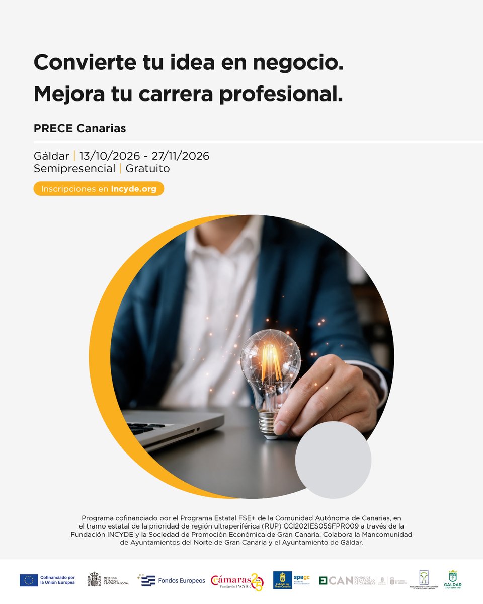 SPEGC's tweet photo. 🚨 ¡Últimos días para inscribirte! ¿Buscas validar la viabilidad de tu proyecto o encontrar nuevas vías para mejorar la rentabilidad de tu empresa?

El próximo 12 de octubre cierra el plazo para apuntarte a la formación gratuita 'PRECE Canarias: Convierte tu idea en negocio, mejora tu carrera profesional' en Gáldar. Una oportunidad ideal para estructurar tu proyecto o darle un giro a tu trayectoria.

🎯 Dirigido a personas con una idea de negocio, desempleados que buscan formarse y emprendedores o empresarios que quieran consolidar su actividad, mejorar la rentabilidad o evaluar alternativas de expansión.

📅 Fecha de inicio: 13 de octubre
📍 Gáldar
🔗 Más información e inscripciones 👇
https://t.co/XGv2N4iema