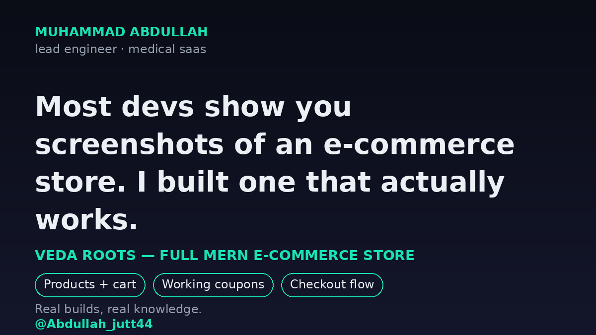 Abdullah_jutt44's tweet photo. Most devs show e-commerce screenshots. I built a store that works: products, cart, coupons (WELCOME10/ROOTS20), checkout flow. MERN + JWT + MongoDB Atlas. If you're hiring a dev for an online store — design, checkout, or page speed first? https://t.co/GWnjc9zXOF