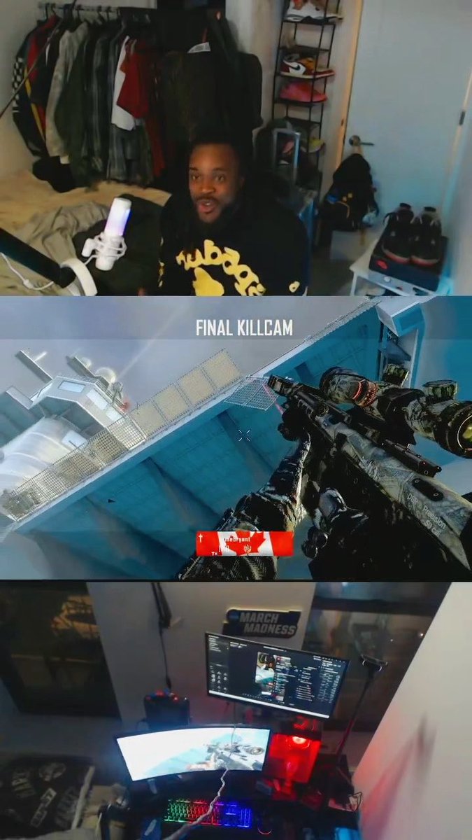 A three-panel image of a gaming streamer's setup: top panel shows the streamer in a closet-like room, middle panel displays a 'FINAL KILLCAM' from a first-person shooter game, and bottom panel shows the dual-monitor gaming battlestation.