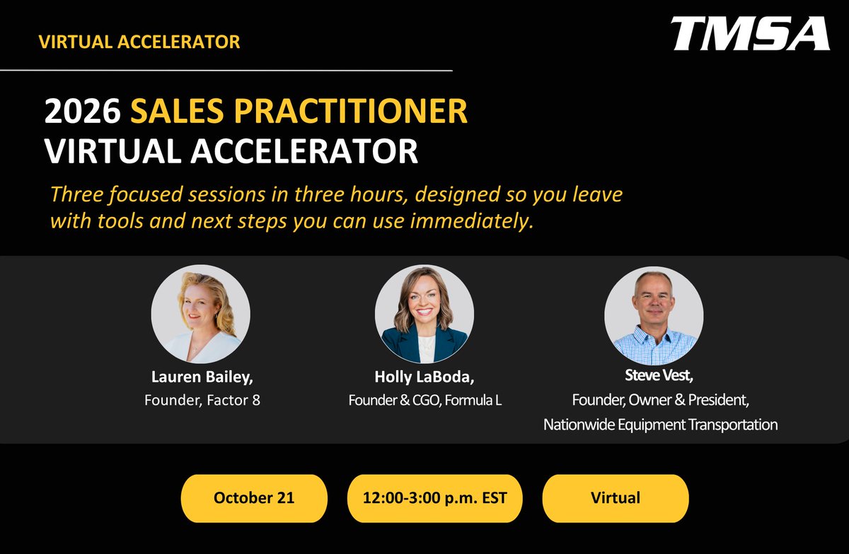 TMSAtoday's tweet photo. Less theory. More action.

The 2026 TMSA Sales Virtual Accelerator delivers practical training for transportation and logistics sales professionals.

✅ Build pipeline
✅ Move deals forward
✅ Increase visibility

Register today: https://t.co/w5TOow4Uoh https://t.co/rSjwkcaEPa