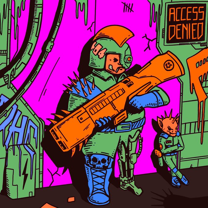 A vibrant, stylized illustration of a character in green armor holding a large orange futuristic rifle, with a 'ACCESS DENIED' sign in the background against a bright pink wall.
