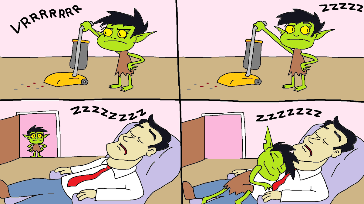 ReviewsPossum's tweet photo. Goblin wife catches her husband sleeping while she's doing chores. https://t.co/gbSCInvdLG