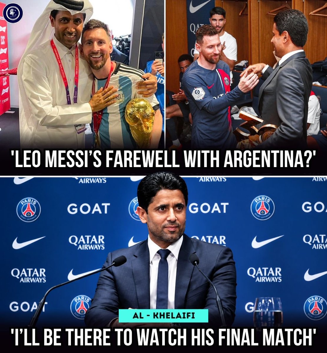 goat_editzzzz's tweet photo. 🎙️ Al-Khelaifi: Just as I congratulated him on winning the 2022 World Cup, I will also be there tomorrow to wish him all the best in his farewell match." 🐐🇦🇷 https://t.co/K2CH6LnQNJ