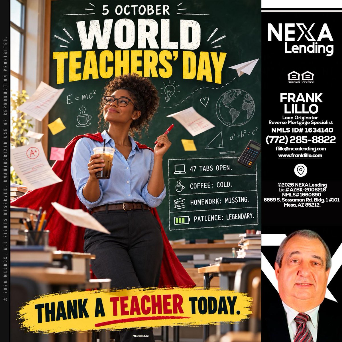 FrankLilloMTG's tweet photo. Happy World Teachers’ Day! 🎉 Let’s celebrate the amazing educators who inspire and shape our future. Take a moment to thank a teacher today! 🍎 #ThankATeacher #WorldTeachersDay #EducationMatters

 📧 flillo@nexalending.com

 📞 (772) 285-8822 https://t.co/YklRjf9dZv