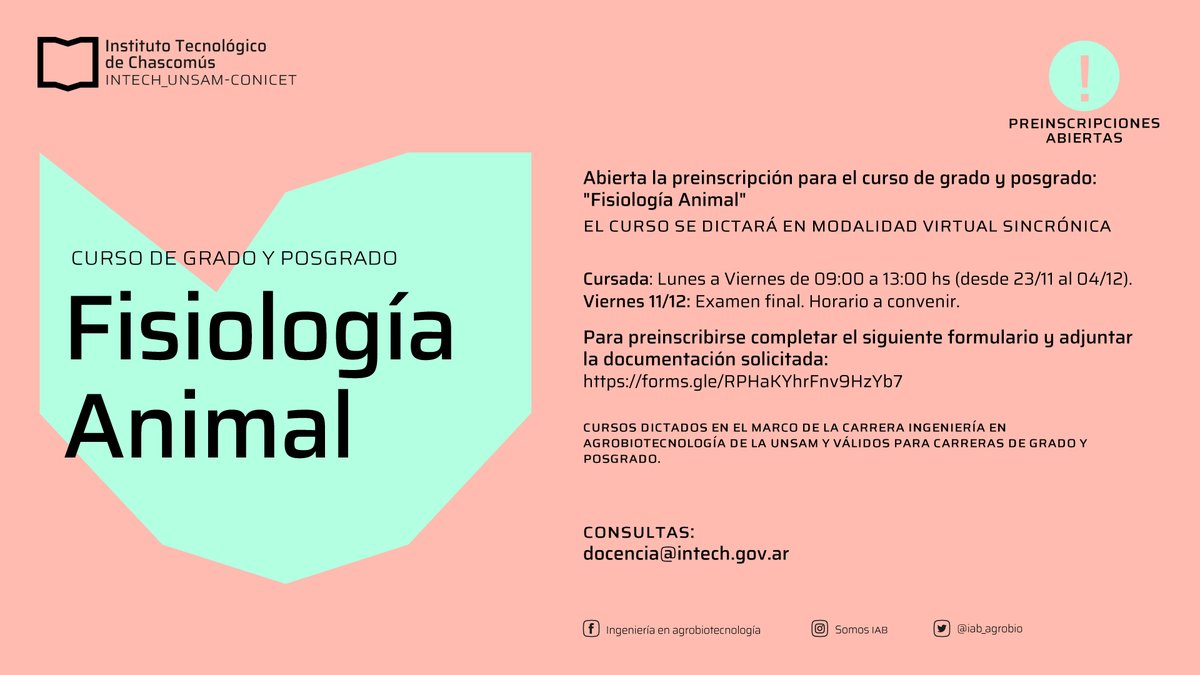 IntechChascomus's tweet photo. Se encuetra abierta la inscripción para el curso de Grado y posgrado de Fisiología Animal.
Para más info docencia@intech.gov.ar https://t.co/Sc2NRZ4hx6