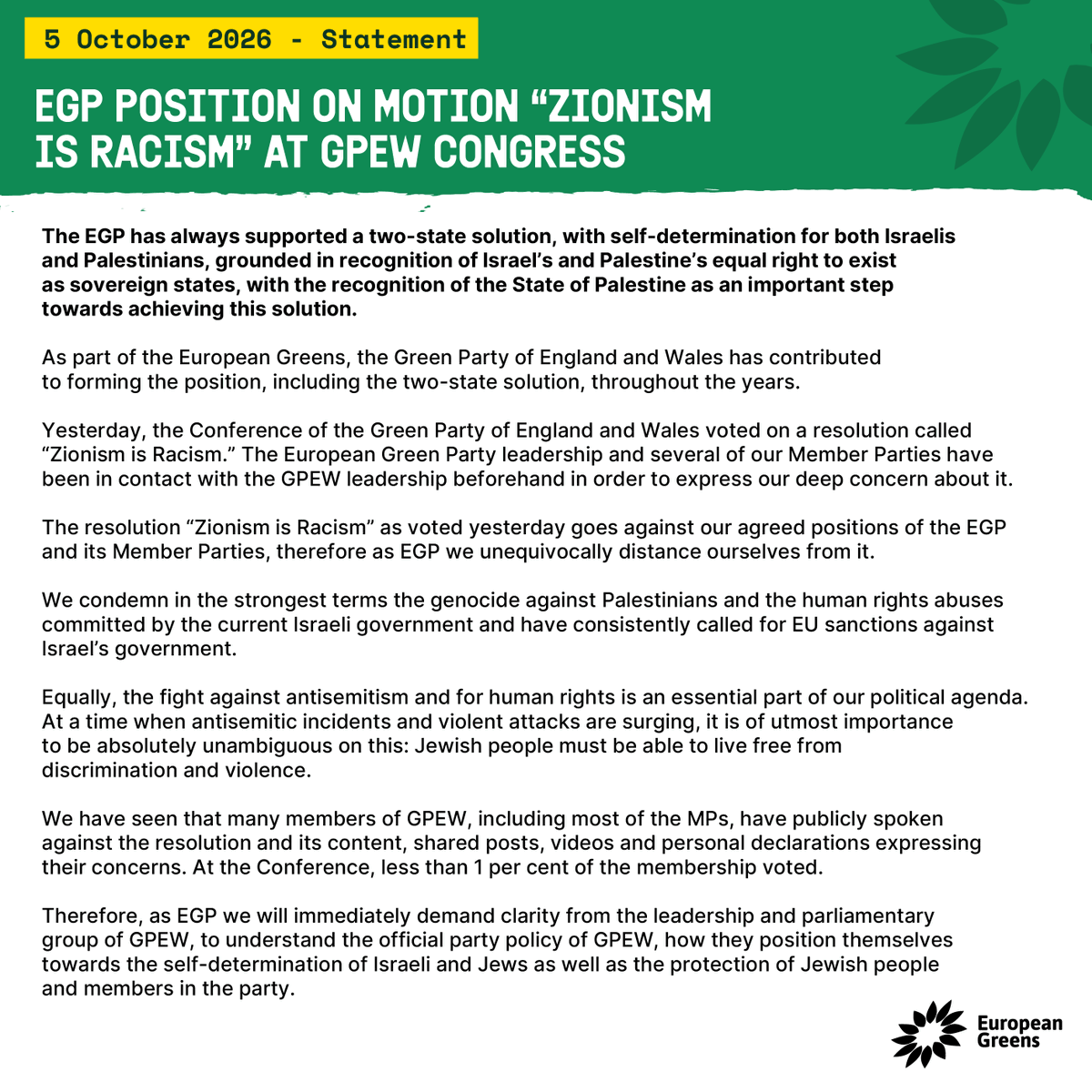 europeangreens's tweet photo. Our statement on the recent Green Party of England and Wales motion 'Zionism is Racism'.
https://t.co/XXx2xo6cpe https://t.co/JsI3sO1QRA
