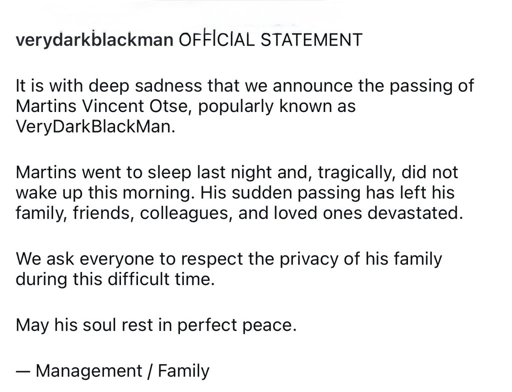 MissRozapepper's tweet photo. VERYDARKMAN’s management released statements that VERYDARKMAN passed away  last night. May his soul rest in perfect peace. 
Is this another skit or what?? https://t.co/xpEfQjjQ0R