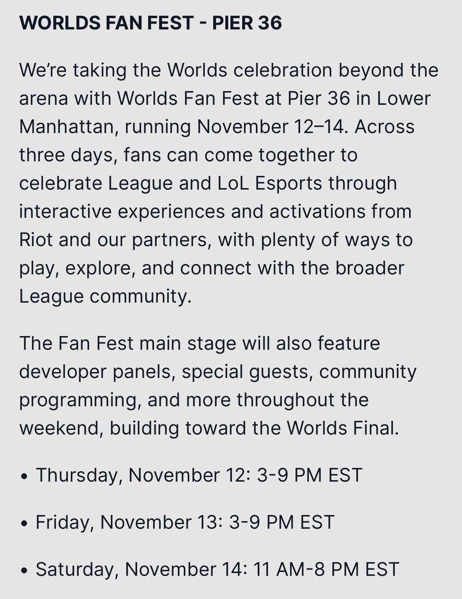 Spideraxe30's tweet photo. Worlds Fan Fest is going to be hosted at Pier 36 in NYC https://t.co/kM8sU1F7FF