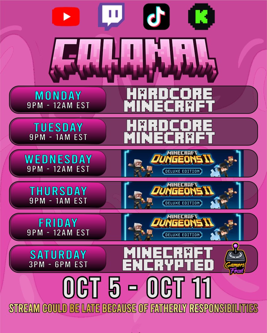 ColonalLive's tweet photo. This weeks stream schedule! I'm back! 
Lets catch up on some #HCMC, then try out #DungeonsII! https://t.co/nWuNgENXtM
